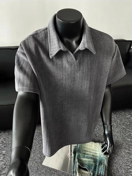 Dark Grey Wheat-Grain Textured Polo Shirt - 2025 Summer Retro American Style Men's Short Sleeve Top